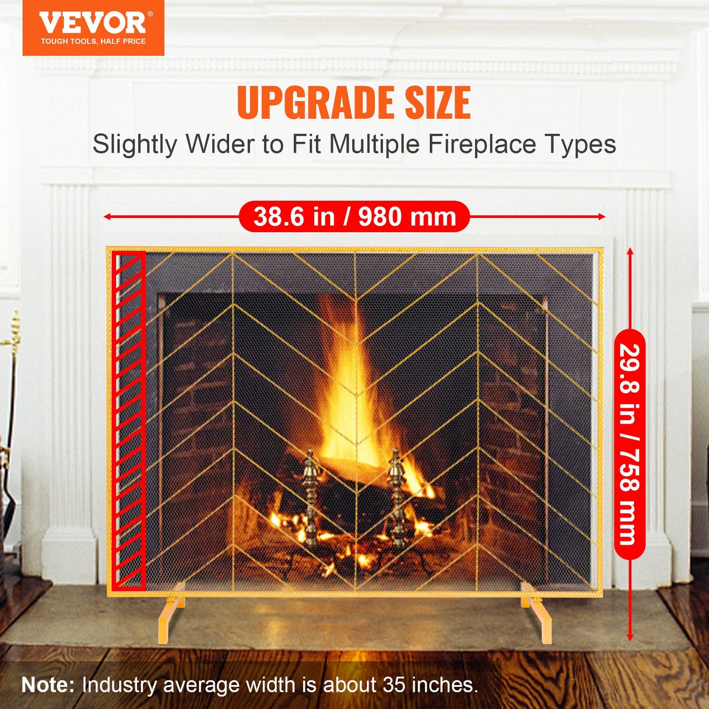 Fireplace Screen Single Panel, Heavy Duty Iron Mesh Fireplace Screen, 980(L) x758(H)MM Spark Guard Cover, Easy Installation, Freestanding Fire Fence Grille for Living Room Home Decor Modern