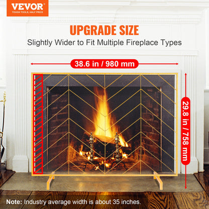 Fireplace Screen Single Panel, Heavy Duty Iron Mesh Fireplace Screen, 980(L) x758(H)MM Spark Guard Cover, Easy Installation, Freestanding Fire Fence Grille for Living Room Home Decor Modern