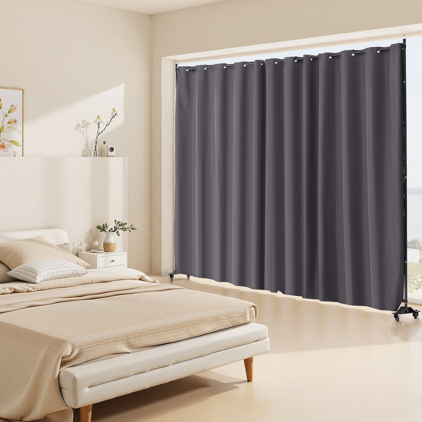 Room Divider, Portable Panel Room Divider with Wheels Curtain Divider Stand, Freestanding Room Divider Privacy Screen for Office, Bedroom, Dining Room, Study, Gray