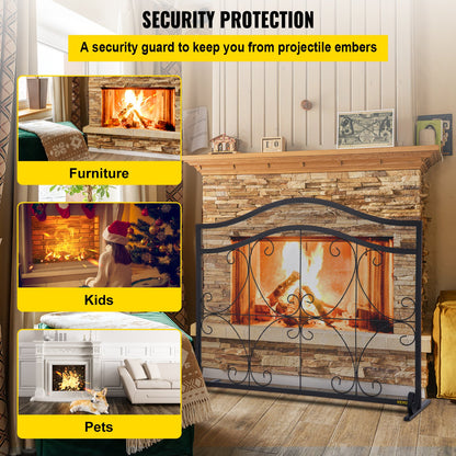 Fireplace Screen, 38 x 26.5 Inch,Heavy Duty Iron Freestanding Spark Guard with Support, Metal Mesh Craft, Broom Tong Shovel Poker Included for Fireplace Decoration & Protection, Black