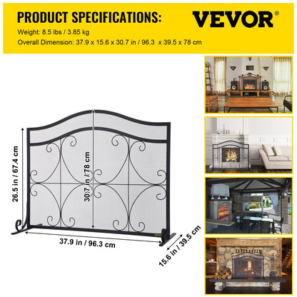 Fireplace Screen, 38 x 26.5 Inch,Heavy Duty Iron Freestanding Spark Guard with Support, Metal Mesh Craft, Broom Tong Shovel Poker Included for Fireplace Decoration & Protection, Black