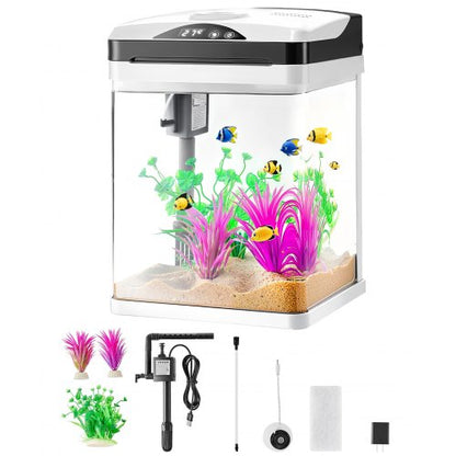 Fish Tank Aquarium, 2 Gallon LED Square Ultra-Clear Glass Tank Temperature Monitoring Adjustable 7 Color Lighting, Self Cleaning System Fishbowl for Freshwater & Saltwater Fish Home,Office,Pet