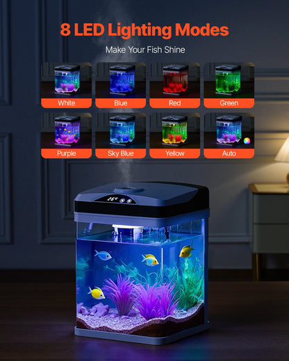 Fish Tank Aquarium, 2 Gallon LED Square Ultra-Clear Glass Tank Temperature Monitoring Adjustable 7 Color Lighting, Self Cleaning System Fishbowl for Freshwater & Saltwater Fish Home,Office,Pet