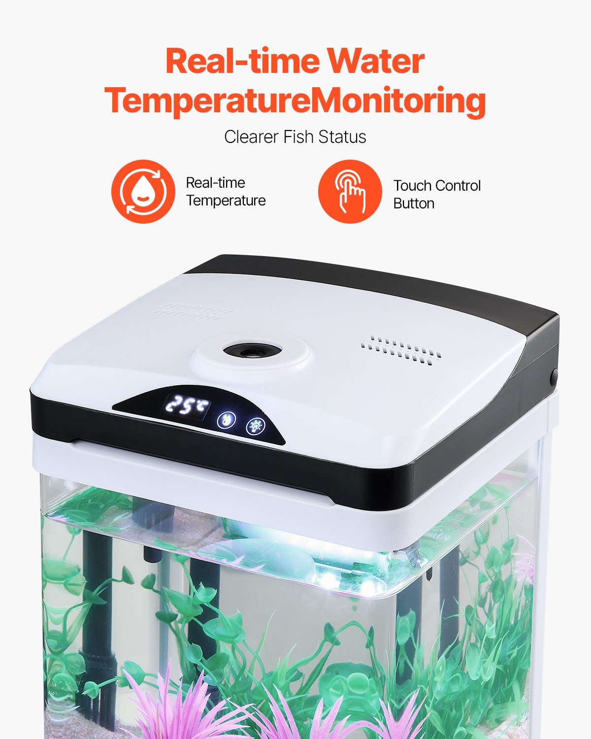Fish Tank Aquarium, 2 Gallon LED Square Ultra-Clear Glass Tank Temperature Monitoring Adjustable 7 Color Lighting, Self Cleaning System Fishbowl for Freshwater & Saltwater Fish Home,Office,Pet