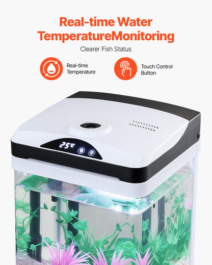 Fish Tank Aquarium, 2 Gallon LED Square Ultra-Clear Glass Tank Temperature Monitoring Adjustable 7 Color Lighting, Self Cleaning System Fishbowl for Freshwater & Saltwater Fish Home,Office,Pet