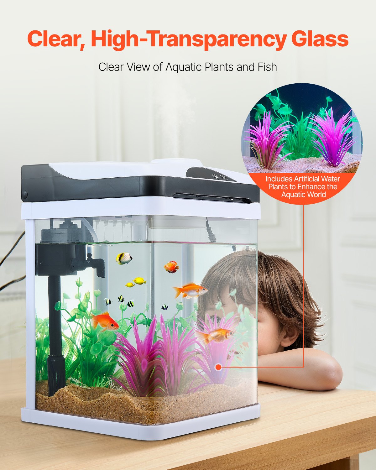 Fish Tank Aquarium, 2 Gallon LED Square Ultra-Clear Glass Tank Temperature Monitoring Adjustable 7 Color Lighting, Self Cleaning System Fishbowl for Freshwater & Saltwater Fish Home,Office,Pet