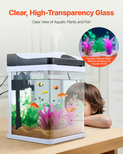 Fish Tank Aquarium, 2 Gallon LED Square Ultra-Clear Glass Tank Temperature Monitoring Adjustable 7 Color Lighting, Self Cleaning System Fishbowl for Freshwater & Saltwater Fish Home,Office,Pet