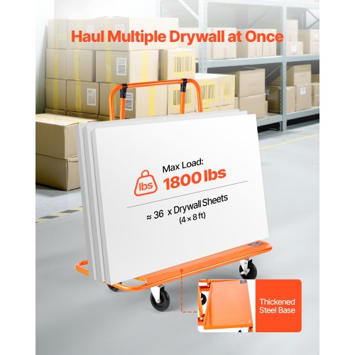 Gipsvagn, 816 kg lastkapacitet, stålpanelvagn med 4 svänghjul, hållbar och långvarig, panelvagn med surrband för plywood, gipsskivor, glas, orange |  EU
