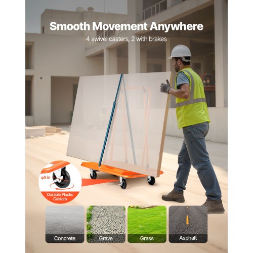 Gipsvagn, 816 kg lastkapacitet, stålpanelvagn med 4 svänghjul, hållbar och långvarig, panelvagn med surrband för plywood, gipsskivor, glas, orange |  EU