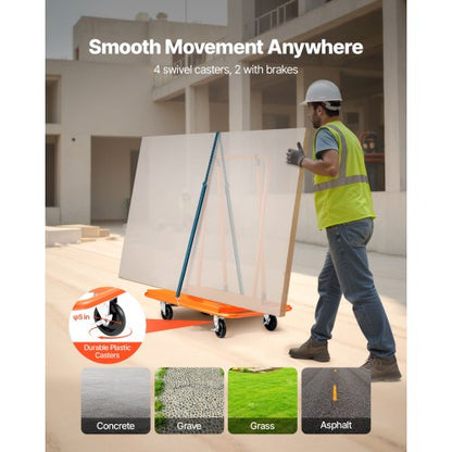 Gipsvagn, 816 kg lastkapacitet, stålpanelvagn med 4 svänghjul, hållbar och långvarig, panelvagn med surrband för plywood, gipsskivor, glas, orange |  EU
