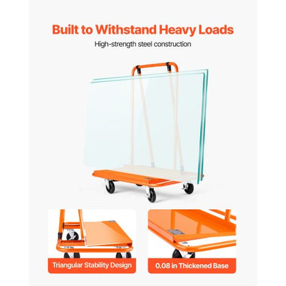 Gipsvagn, 816 kg lastkapacitet, stålpanelvagn med 4 svänghjul, hållbar och långvarig, panelvagn med surrband för plywood, gipsskivor, glas, orange |  EU