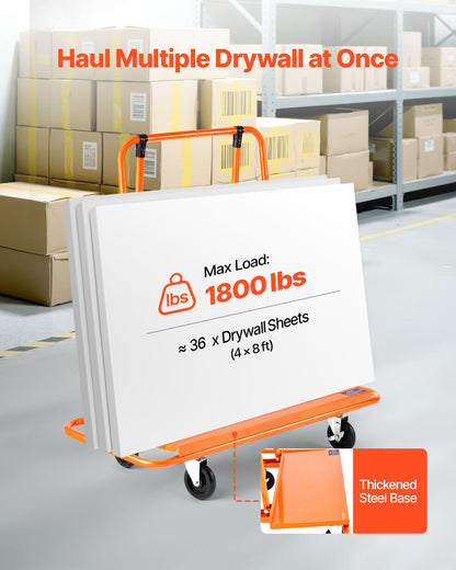 Drywall Cart Dolly, 1800 lbs Load Capacity, Steel Panel Dolly with 4 Swivel Casters, Durable & Long-lasting, Panel Truck Cart with Tie-Down Strap for Plywood, Plasterboard, Glass, Orange