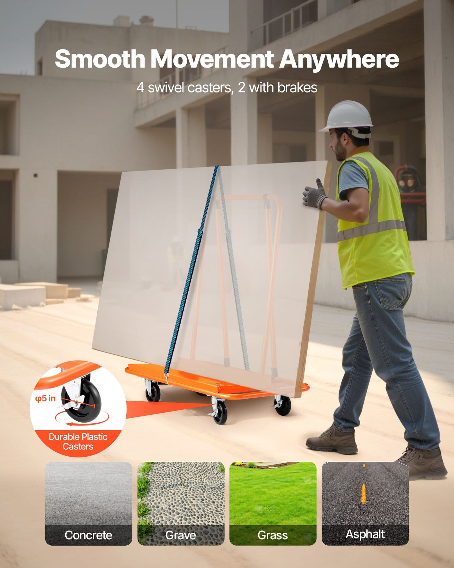 Drywall Cart Dolly, 1800 lbs Load Capacity, Steel Panel Dolly with 4 Swivel Casters, Durable & Long-lasting, Panel Truck Cart with Tie-Down Strap for Plywood, Plasterboard, Glass, Orange