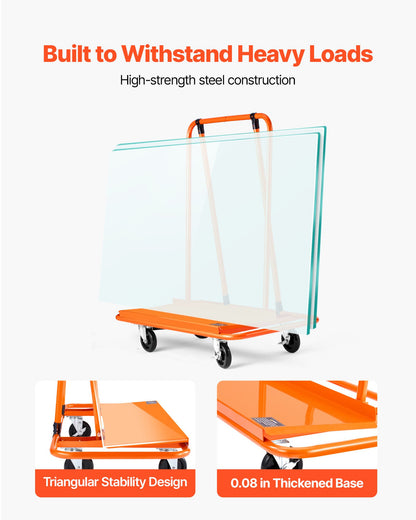 Drywall Cart Dolly, 1800 lbs Load Capacity, Steel Panel Dolly with 4 Swivel Casters, Durable & Long-lasting, Panel Truck Cart with Tie-Down Strap for Plywood, Plasterboard, Glass, Orange