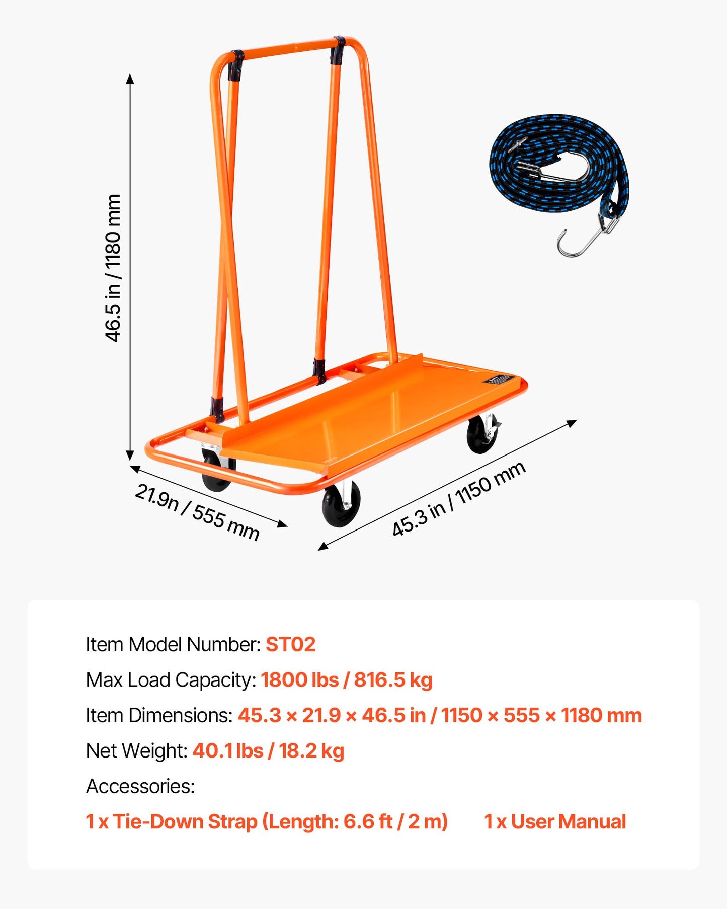 Drywall Cart Dolly, 1800 lbs Load Capacity, Steel Panel Dolly with 4 Swivel Casters, Durable & Long-lasting, Panel Truck Cart with Tie-Down Strap for Plywood, Plasterboard, Glass, Orange