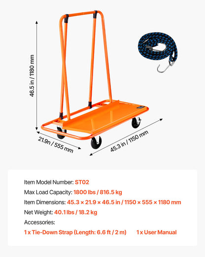 Drywall Cart Dolly, 1800 lbs Load Capacity, Steel Panel Dolly with 4 Swivel Casters, Durable & Long-lasting, Panel Truck Cart with Tie-Down Strap for Plywood, Plasterboard, Glass, Orange