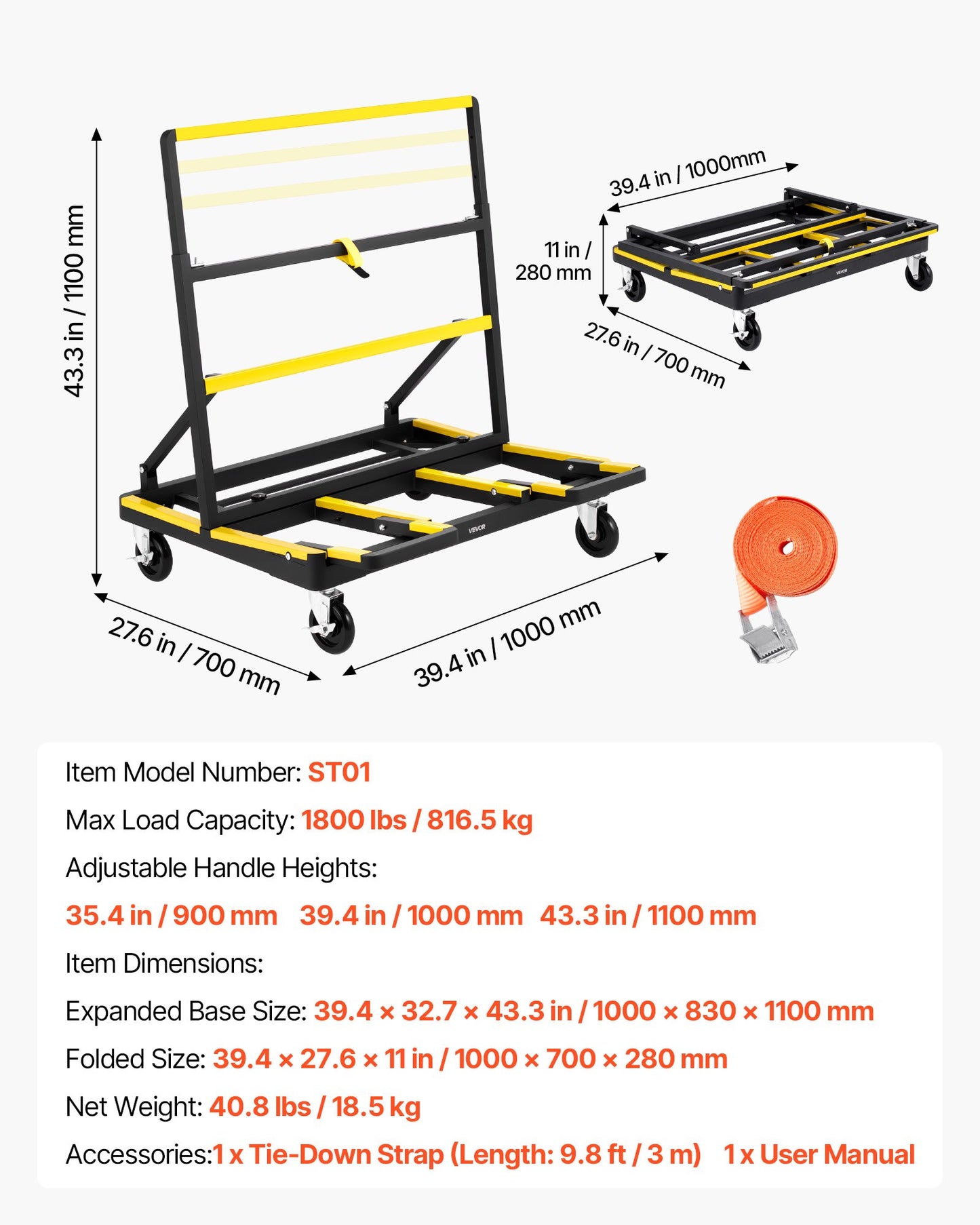 Drywall Cart Dolly, 1800 lbs Load Capacity, Steel Panel Dolly with 4 Swivel Casters & Expandable Deck, Foldable Panel Truck Cart with Tie-Down Strap for Handling Plywood, Plasterboard, Glass