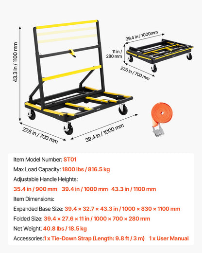 Drywall Cart Dolly, 1800 lbs Load Capacity, Steel Panel Dolly with 4 Swivel Casters & Expandable Deck, Foldable Panel Truck Cart with Tie-Down Strap for Handling Plywood, Plasterboard, Glass