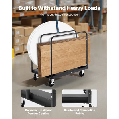 Gipsvagn, 816 kg lastkapacitet, stålplåtsvagn med 12,5 mm svänghjul, timmergipsvagn med surrband och 3 sidoräcken för fabrik, lager, garage, svart |  EU