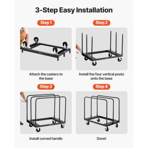 Gipsvagn, 816 kg lastkapacitet, stålplåtsvagn med 12,5 mm svänghjul, timmergipsvagn med surrband och 3 sidoräcken för fabrik, lager, garage, svart |  EU