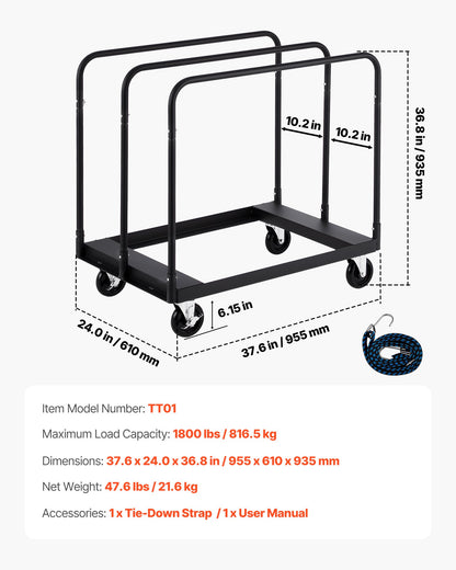 Drywall Cart Dolly, 1800 lbs Load Capacity, Steel Panel Truck Cart with 5 inch Swivel Casters, Lumber Drywall Dolly with with Tie-Down Strap & 3 Side Handrails for Factory, Warehouse, Garage, Black