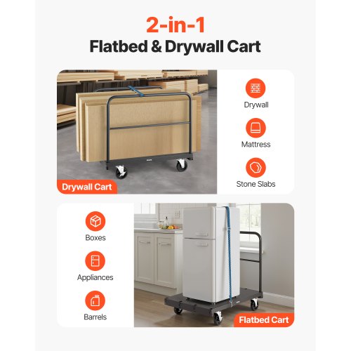 Gipsvagn, 816 kg lastkapacitet, 2-i-1 stålpanelvagn med 12,5 mm svänghjul, 91,4 x 61 cm plattformsvagn med 3 sidoräcken för fabrik, lager, garage, svart |  EU