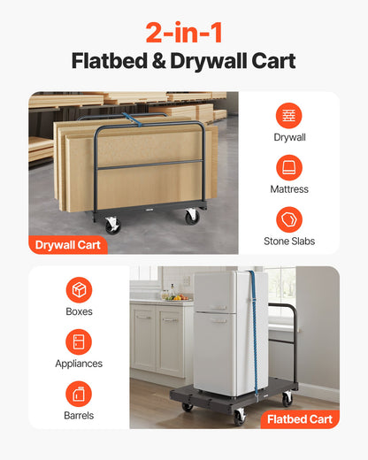 Drywall Cart Dolly, 1800 lbs Load Capacity, 2-in-1 Steel Panel Truck Cart with 5 inch Swivel Casters, 36 x 24 inch Platform Truck with 3 Side Handrails for Factory, Warehouse, Garage, Black