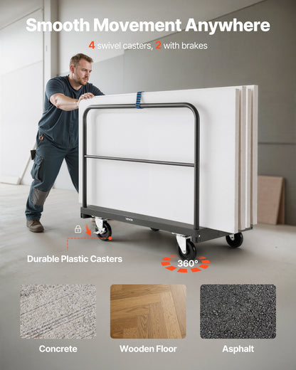 Drywall Cart Dolly, 1800 lbs Load Capacity, 2-in-1 Steel Panel Truck Cart with 5 inch Swivel Casters, 36 x 24 inch Platform Truck with 3 Side Handrails for Factory, Warehouse, Garage, Black