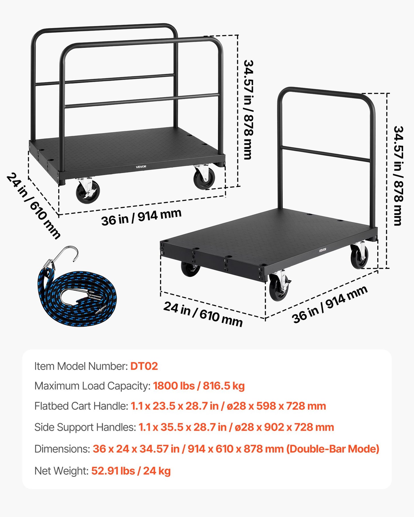 Drywall Cart Dolly, 1800 lbs Load Capacity, 2-in-1 Steel Panel Truck Cart with 5 inch Swivel Casters, 36 x 24 inch Platform Truck with 3 Side Handrails for Factory, Warehouse, Garage, Black