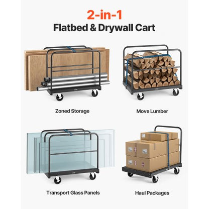 Gipsvagn, 816 kg lastkapacitet, 2-i-1 stålpanelvagn med 12,5 mm svänghjul, 91,4 x 61 cm plattformsvagn med 4 sidoräcken för fabrik, lager, garage, svart |  EU
