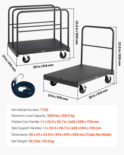 Drywall Cart Dolly, 1800 lbs Load Capacity, 2-in-1 Steel Panel Truck Cart with 5 inch Swivel Casters, 36 x 24 inch Platform Truck with 4 Side Handrails for Factory, Warehouse, Garage, Black