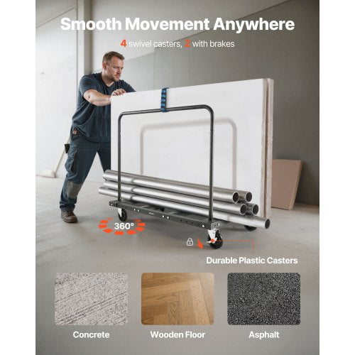 Gipsvagn, 816 kg lastkapacitet, stålplåtsvagn med 12,5 mm svänghjul, timmergipsvagn med surrband och 2 sidoräcken för fabrik, lager, garage, svart |  EU