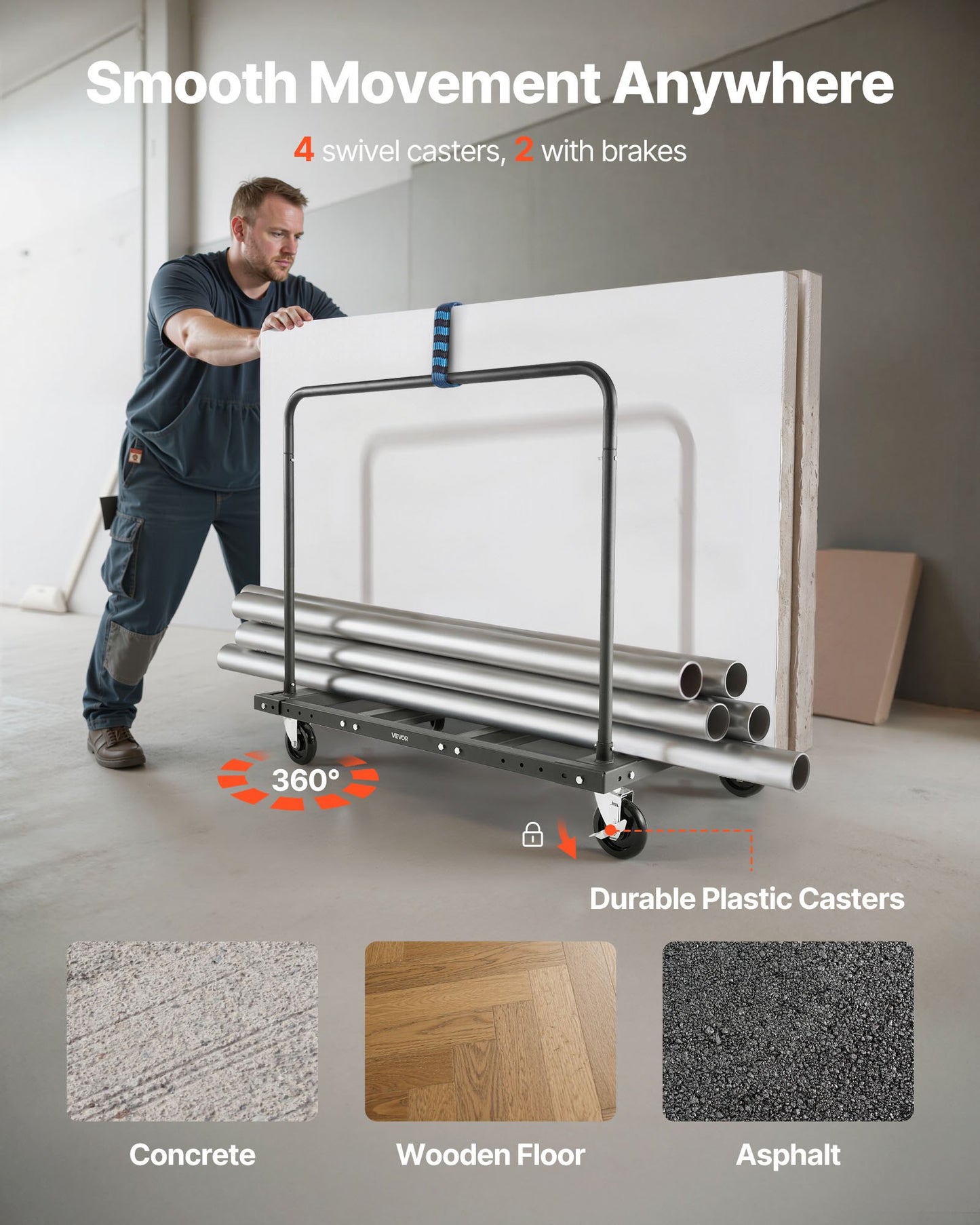 Drywall Cart Dolly, 1800 lbs Load Capacity, Steel Panel Truck Cart with 5 inch Swivel Casters, Lumber Drywall Dolly with Tie-Down Strap & 2 Side Handrails for Factory, Warehouse, Garage, Black