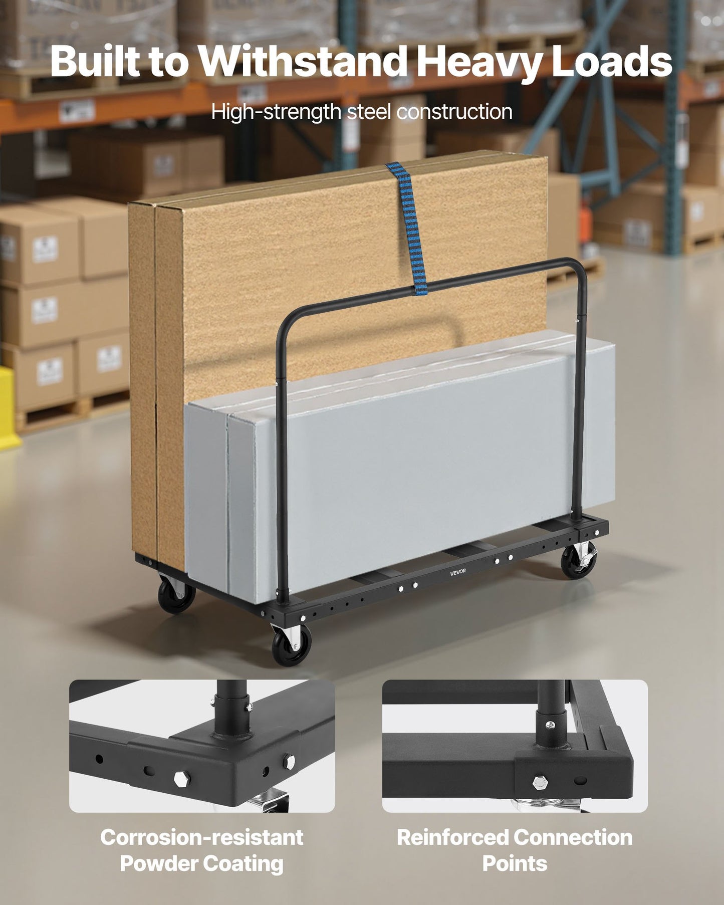 Drywall Cart Dolly, 1800 lbs Load Capacity, Steel Panel Truck Cart with 5 inch Swivel Casters, Lumber Drywall Dolly with Tie-Down Strap & 2 Side Handrails for Factory, Warehouse, Garage, Black