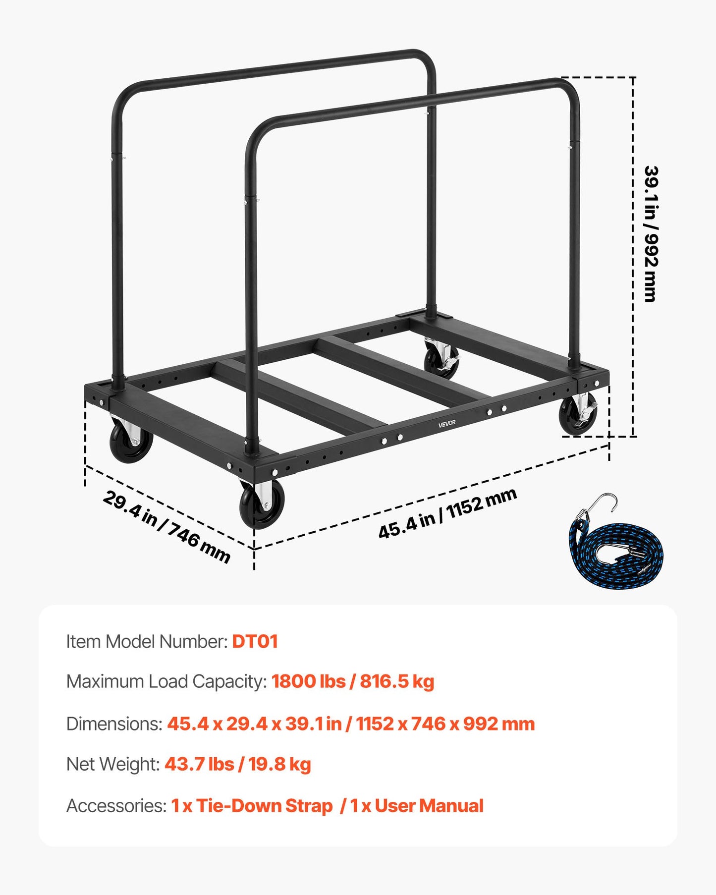 Drywall Cart Dolly, 1800 lbs Load Capacity, Steel Panel Truck Cart with 5 inch Swivel Casters, Lumber Drywall Dolly with Tie-Down Strap & 2 Side Handrails for Factory, Warehouse, Garage, Black