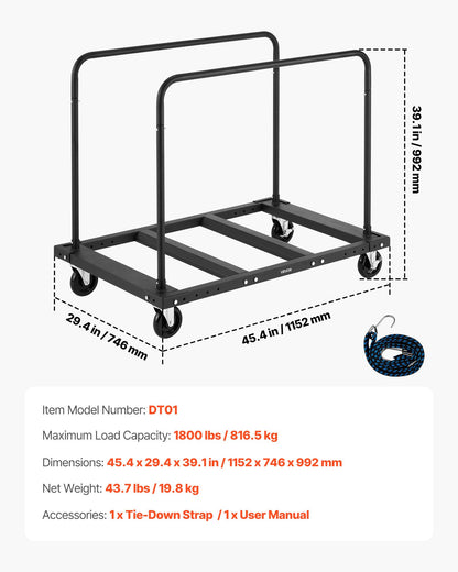 Drywall Cart Dolly, 1800 lbs Load Capacity, Steel Panel Truck Cart with 5 inch Swivel Casters, Lumber Drywall Dolly with Tie-Down Strap & 2 Side Handrails for Factory, Warehouse, Garage, Black