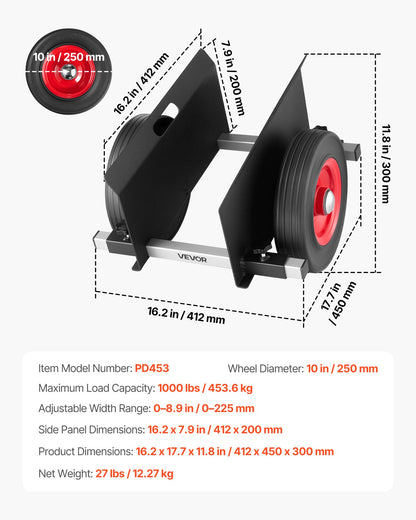Panel Dolly, 1000 lbs Load Capacity, Drywall Mover with 10 Inch Rubber Wheels Fits Different Terrain, Adjustable Clamp Panel Cart for Steel Panels, Mattress, Doors and Drywall Sheet, Black