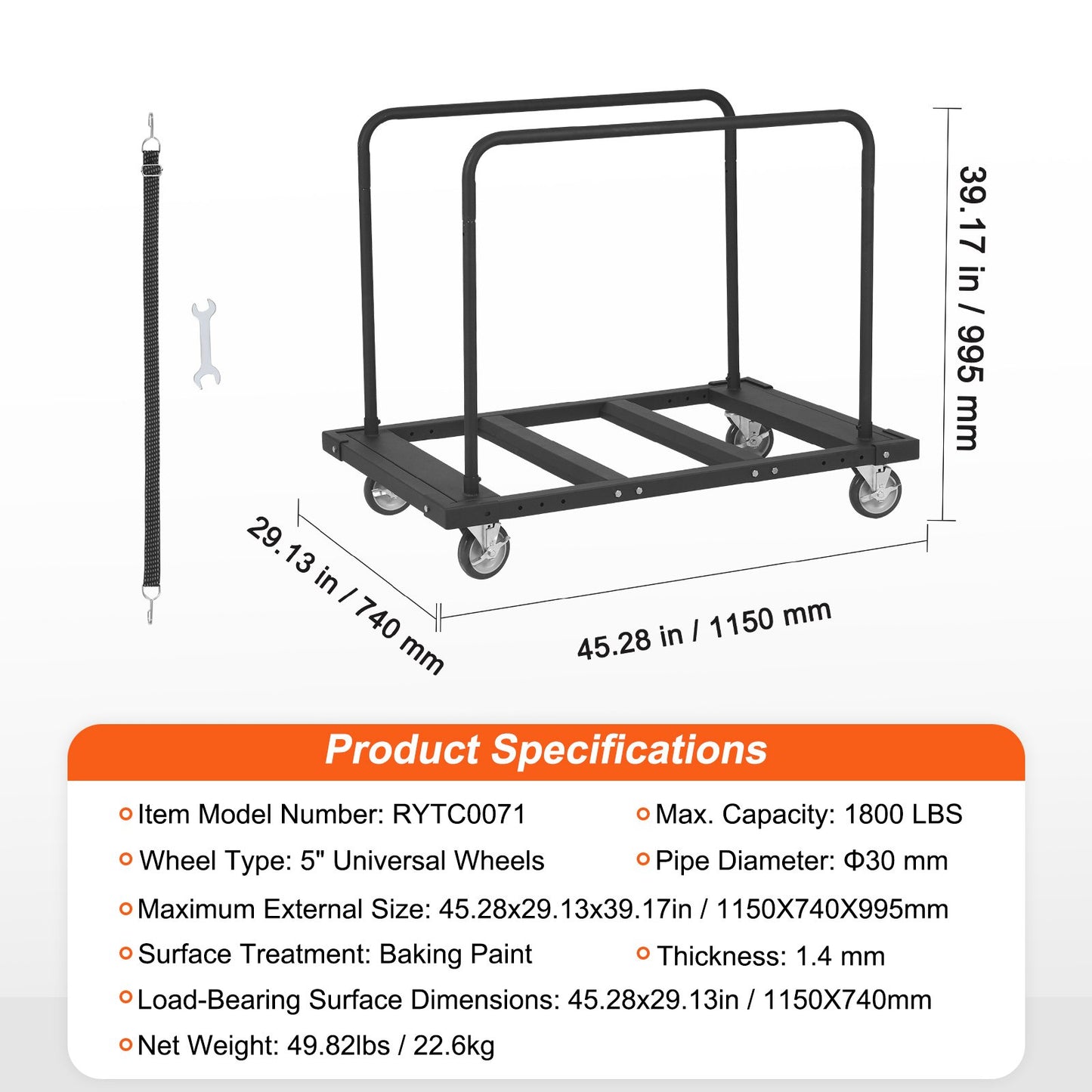 Drywall Cart, 1800 LBS Panel Dolly Cart with 45.28" x 29.13" Tires and 5" Swivel Wheels, Heavy Duty Drywall, Handling Wall Panel, Sheetrock, Lumber, for Garage, Home, Warehouse