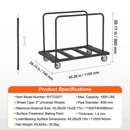 Drywall Cart, 1800 LBS Panel Dolly Cart with 45.28" x 29.13" Tires and 5" Swivel Wheels, Heavy Duty Drywall, Handling Wall Panel, Sheetrock, Lumber, for Garage, Home, Warehouse