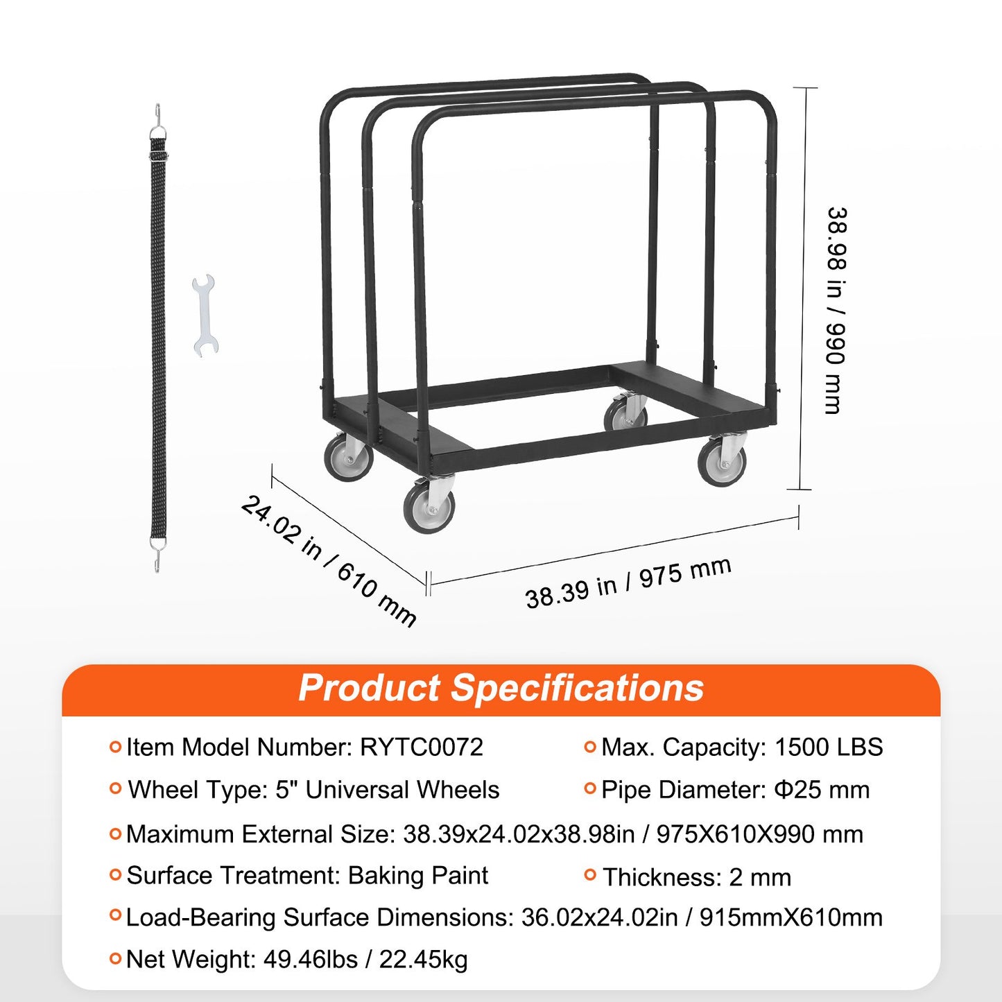 Drywall Cart, 1500 LBS Panel Cart with 36.02" x 24.02" Tires and 5" Swivel Wheels, Heavy Duty Drywall Carts, Handling Wall Panel, Sheetrock, Lumber, for Garage, Home, Warehouse