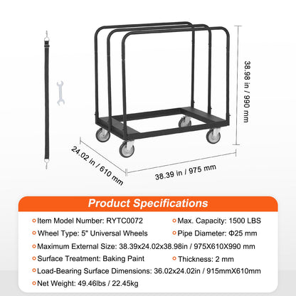 Drywall Cart, 1500 LBS Panel Cart with 36.02" x 24.02" Tires and 5" Swivel Wheels, Heavy Duty Drywall Carts, Handling Wall Panel, Sheetrock, Lumber, for Garage, Home, Warehouse