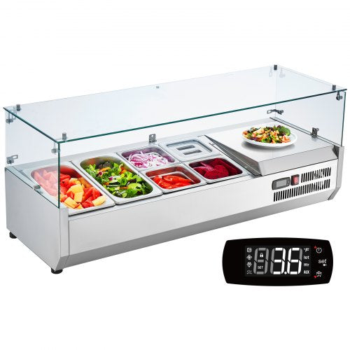 Refrigerated Condiment Prep Station, 135 W Countertop Refrigerated Condiment Station, with 2 1/3 Pans & 4 1/6 Pans, 304 Stainless Body and PC Lid, Sandwich Prep Table with Glass Guard, ETL