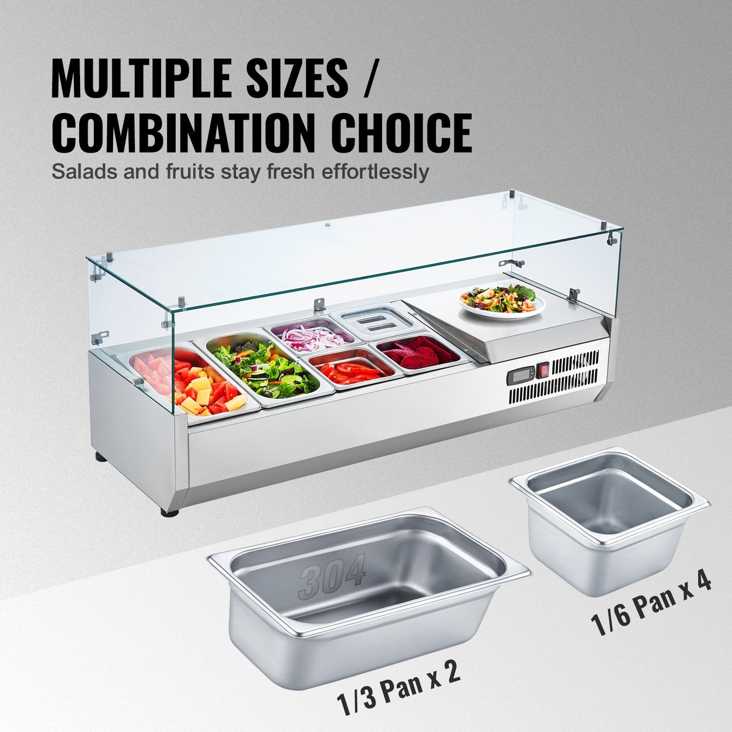 Refrigerated Condiment Prep Station, 135 W Countertop Refrigerated Condiment Station, with 2 1/3 Pans & 4 1/6 Pans, 304 Stainless Body and PC Lid, Sandwich Prep Table with Glass Guard, ETL