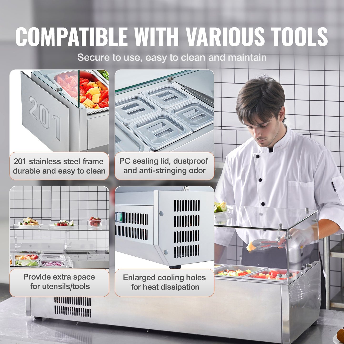 Gekühlte Salat- und Pizza-Vorbereitungsstation auf der Arbeitsplatte, 140 W, Glasschutz, CE
