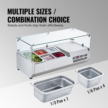 Refrigerated Condiment Prep Station, 130 W Countertop Refrigerated Condiment Station, with 1 1/3 Pan & 4 1/6 Pans, 304 Stainless Body and PC Lid, Sandwich Prep Table with Glass Guard, ETL