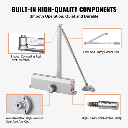 Door Closer, Automatic Door Closer Commercial or Residential Use for Door Weights 120kg, Adjustable Size Hydraulic Buffer Door Closer Heavy Duty Cast Aluminum Body, Easy Installation, Silver