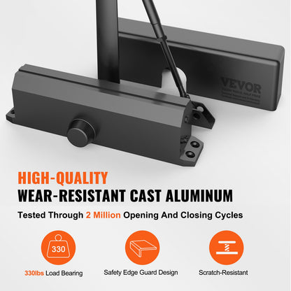 Door Closer, Automatic Door Closer Commercial or Residential Use for Door Weights 150kg, Adjustable Size Hydraulic Buffer Door Closer Heavy Duty Cast Aluminum Body, Easy Installation, Black