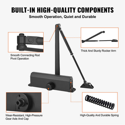 Door Closer, Automatic Door Closer Commercial or Residential Use for Door Weights 150kg, Adjustable Size Hydraulic Buffer Door Closer Heavy Duty Cast Aluminum Body, Easy Installation, Black