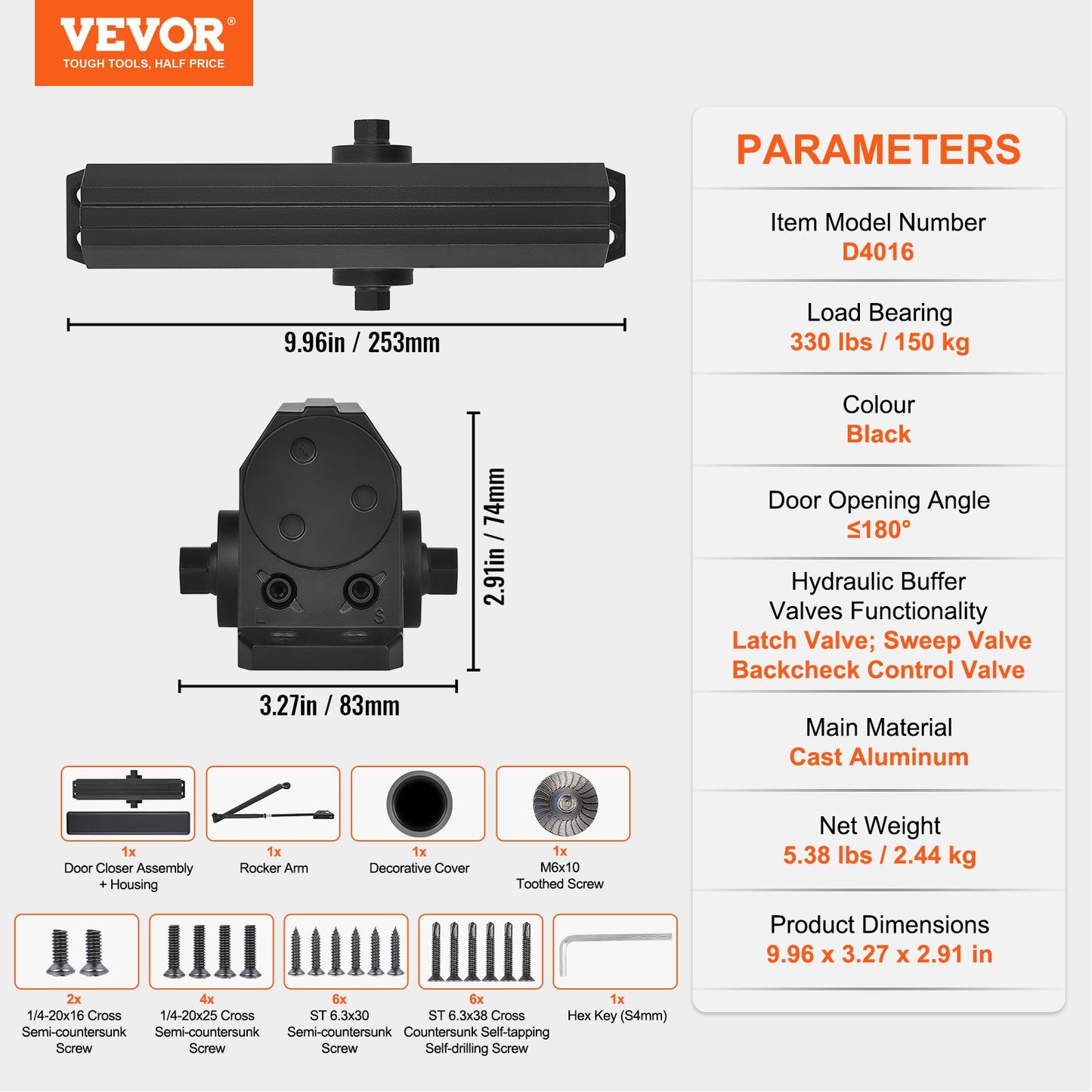 Door Closer, Automatic Door Closer Commercial or Residential Use for Door Weights 150kg, Adjustable Size Hydraulic Buffer Door Closer Heavy Duty Cast Aluminum Body, Easy Installation, Black