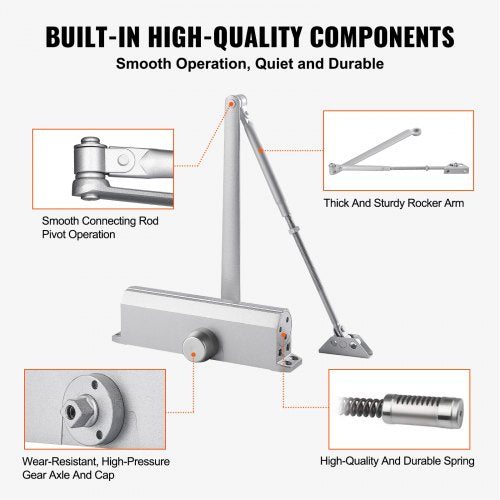 Door Closer, Automatic Door Closer Commercial or Residential Use for Door Weights 150 kg, Adjustable Size Hydraulic Buffer Door Closer Heavy Duty Cast Aluminum Body, Easy Installation, Silver | EU